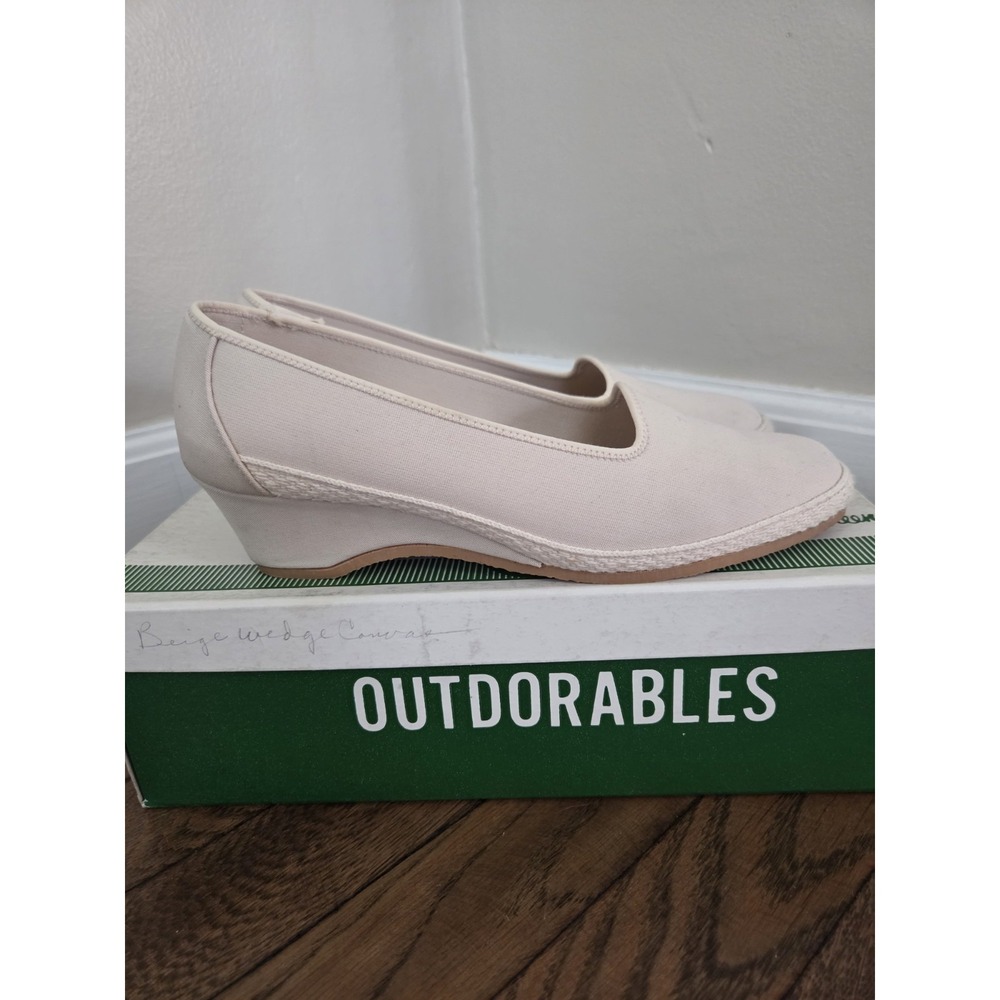 Vtg Daniel Green Canvas Wedge Slip Ons Women's 6.5 Narrow Outdorables Off White